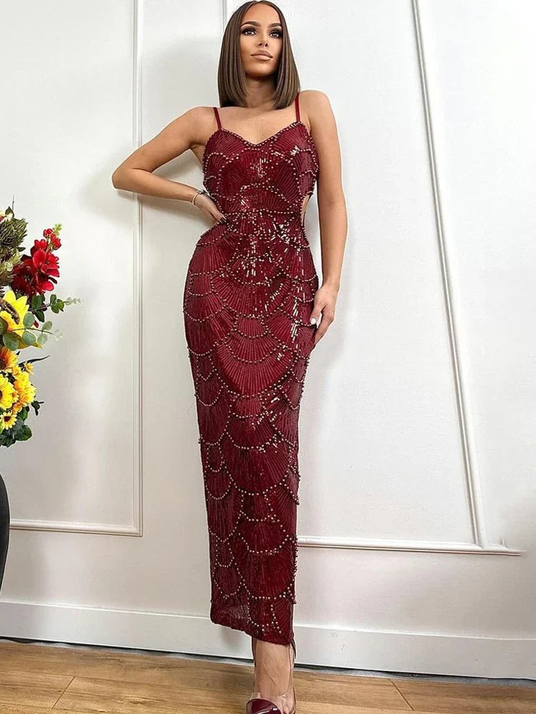 Sequins Beaded CutOut Midi Dress