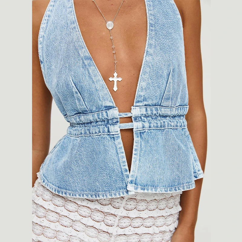 Denim Deep Vneck Backless Halter Laceup Cami Top