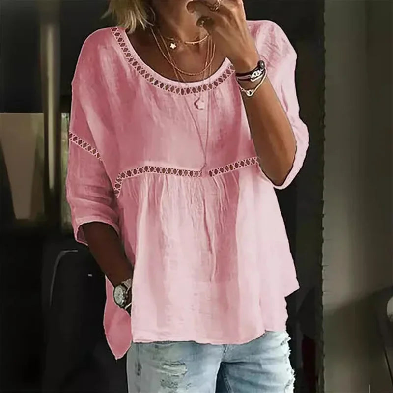 Hollow Out Splice Sevenquarter Sleeve Blouse