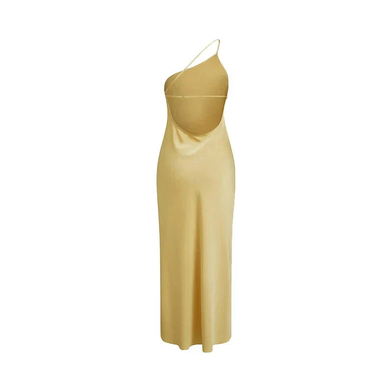 Backless Satin Slant Shoulder Solid Slit Long Dress