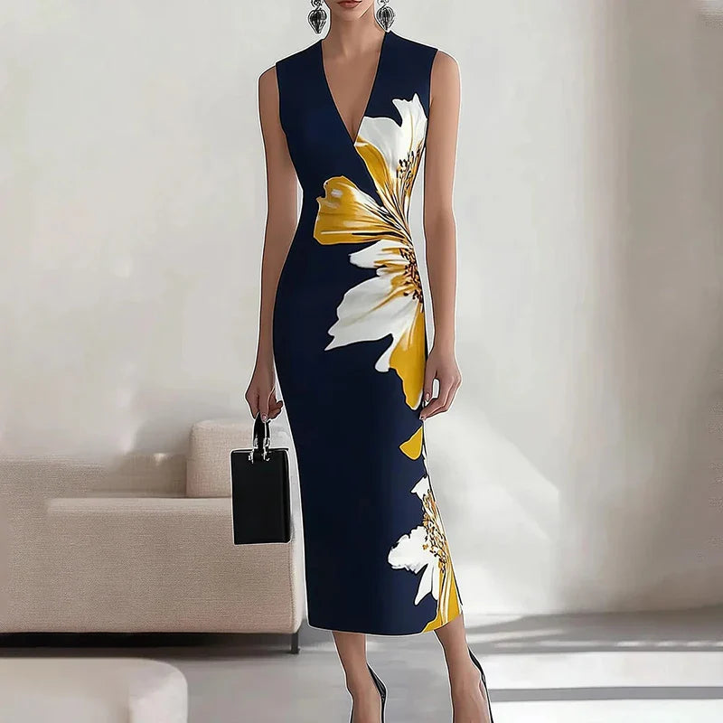 V Neck Office Maxi Floral Dress