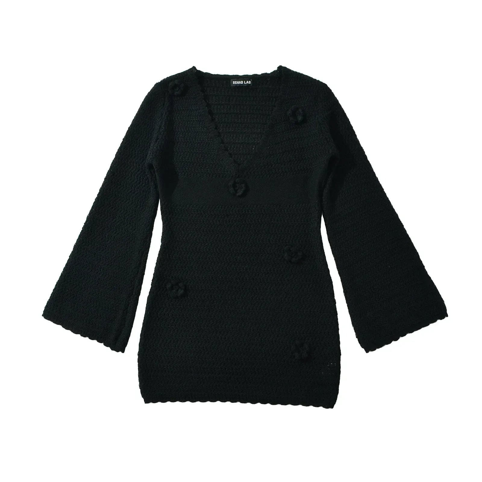 3D Flower Hand Crotch Full Flare Sleeve Sweater Dress