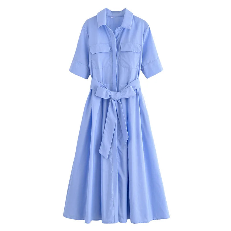 Collar Short Sleeve Chest Pocket Belted A-Line Shirt Dress 8