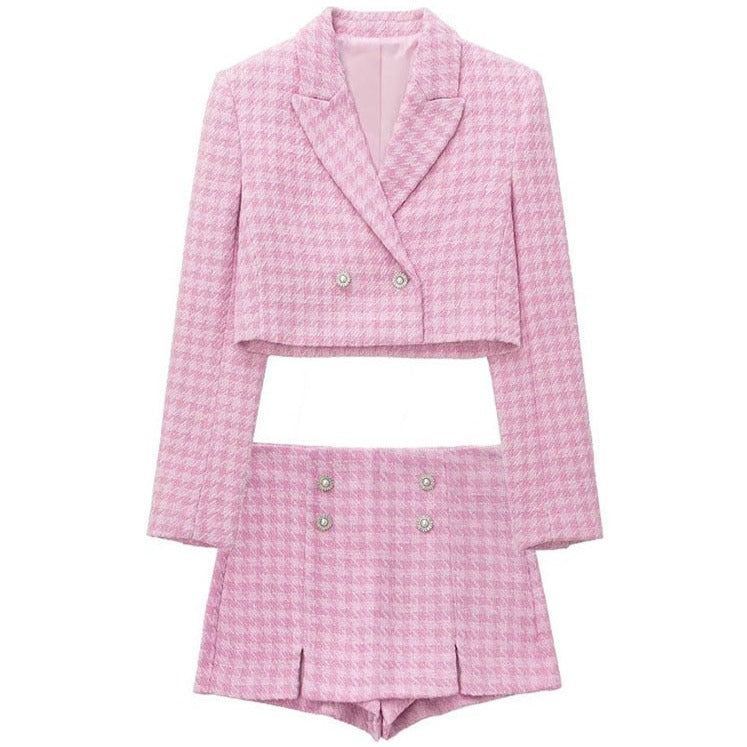 Pink Houndstooth Tweed Double Breasted Crop Blazer Skirt Set