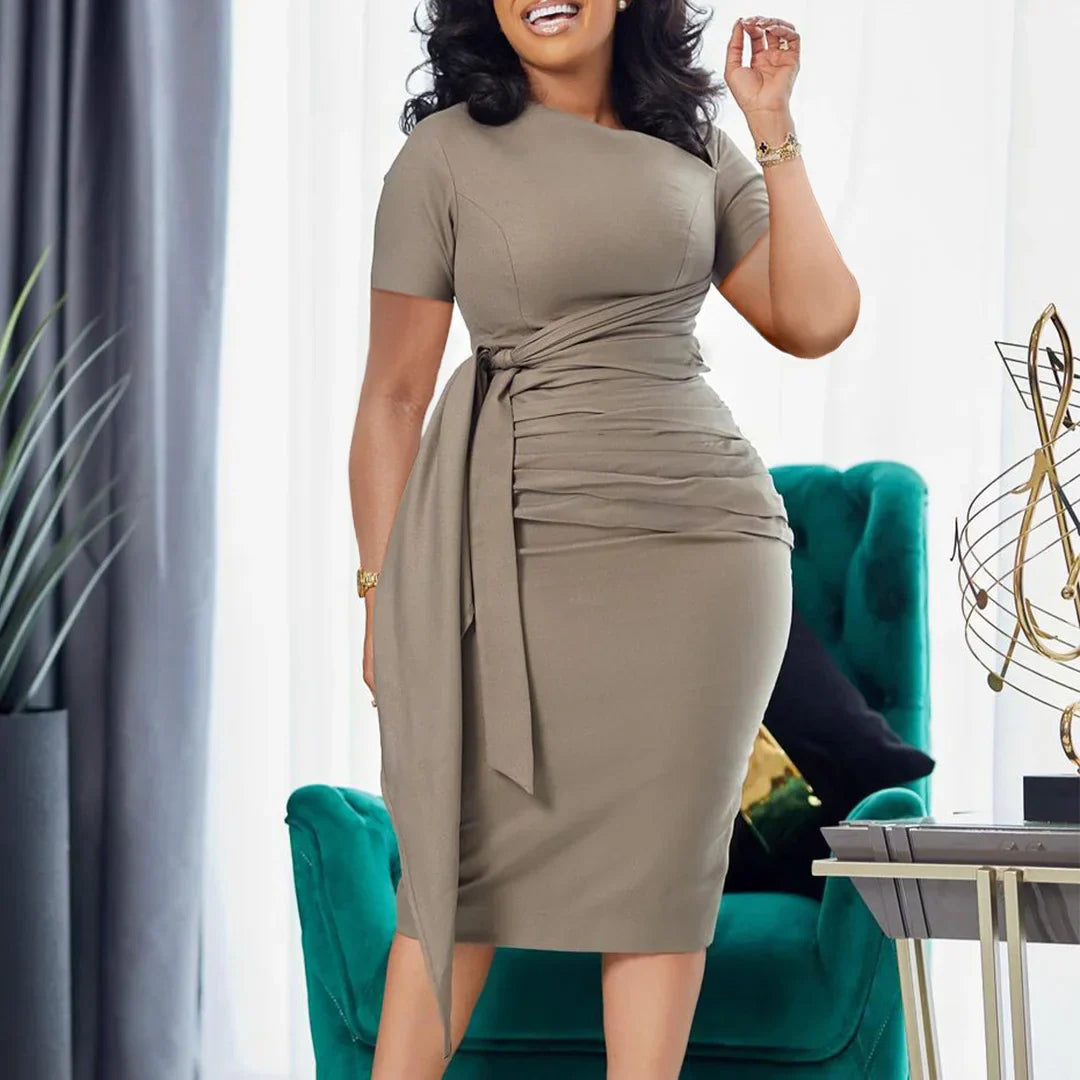 Pleated Band Collar Short Sleeve Pure Color Work Dress
