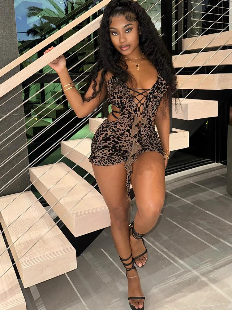 Leopard Flocking Tassel Vneck Romper