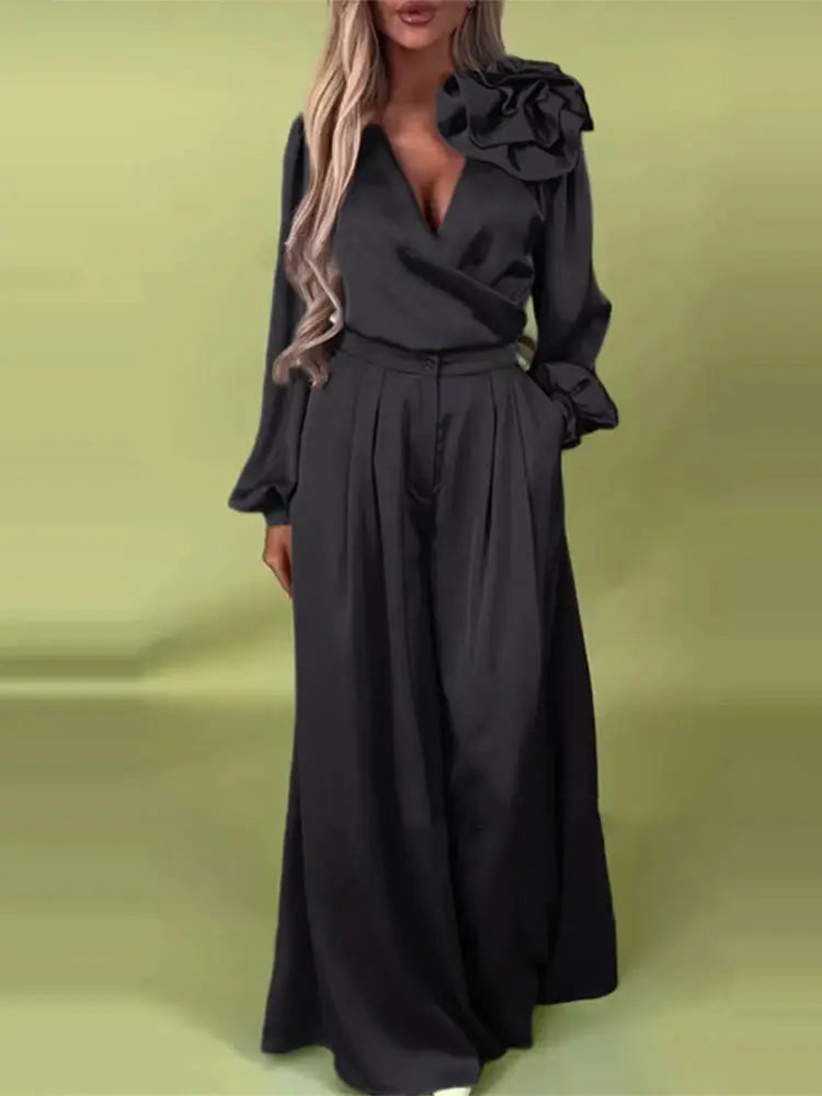 Satin Flower VNeck Wide Leg Suit