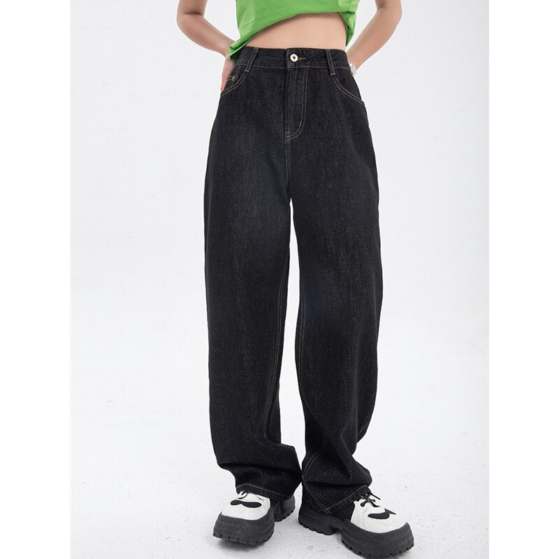 Leg High for Vintage Black Jean Straight Pants Trouser Wide Waist Denim - Women