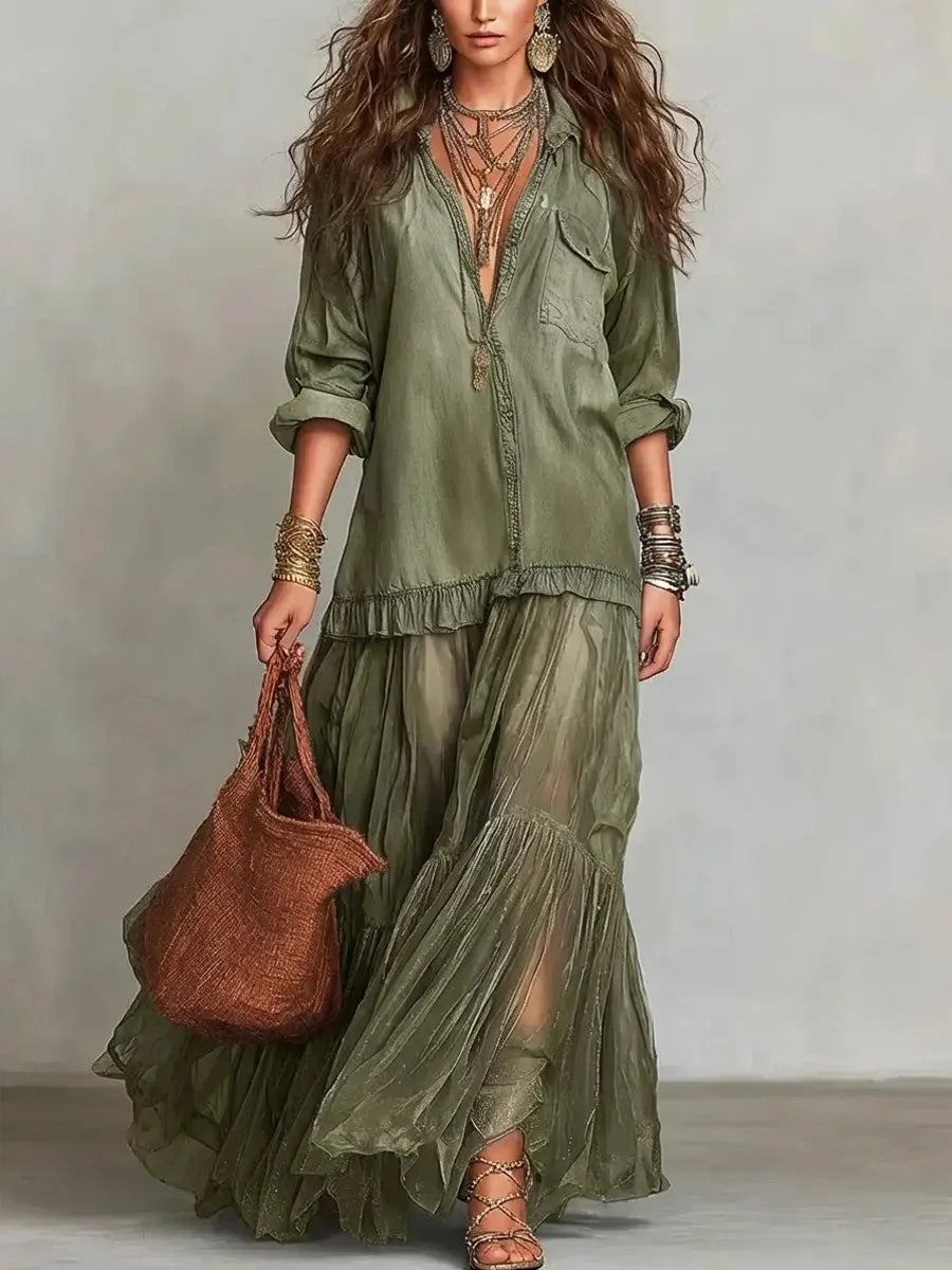 Collared Button Front Long Sleeve Denim Tulle Ruffle Maxi Dress 13