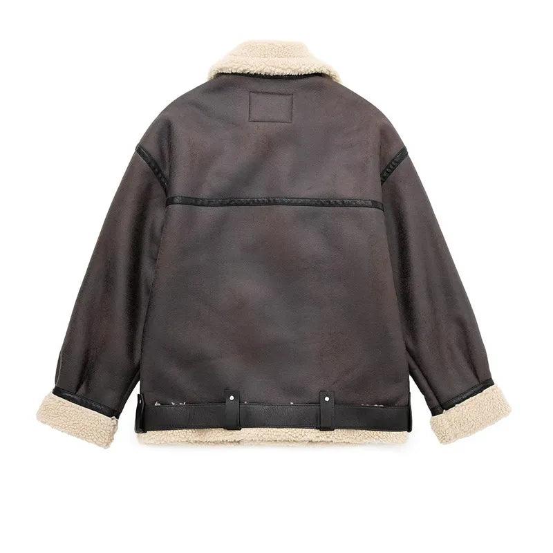 Brown Faux Shearling Lapel Leather Aviator Jacket