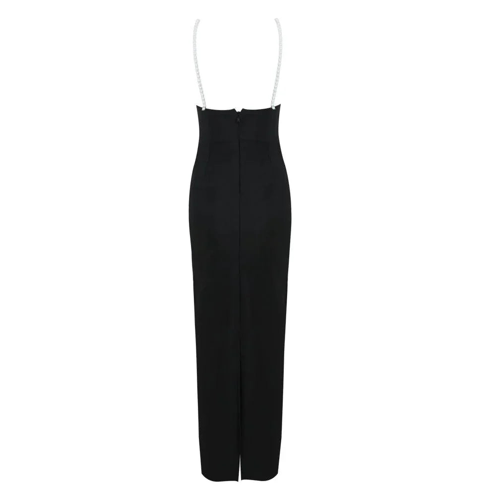 Black Pearl Strap Plunge Rosette Applique Bodycon Maxi Dress