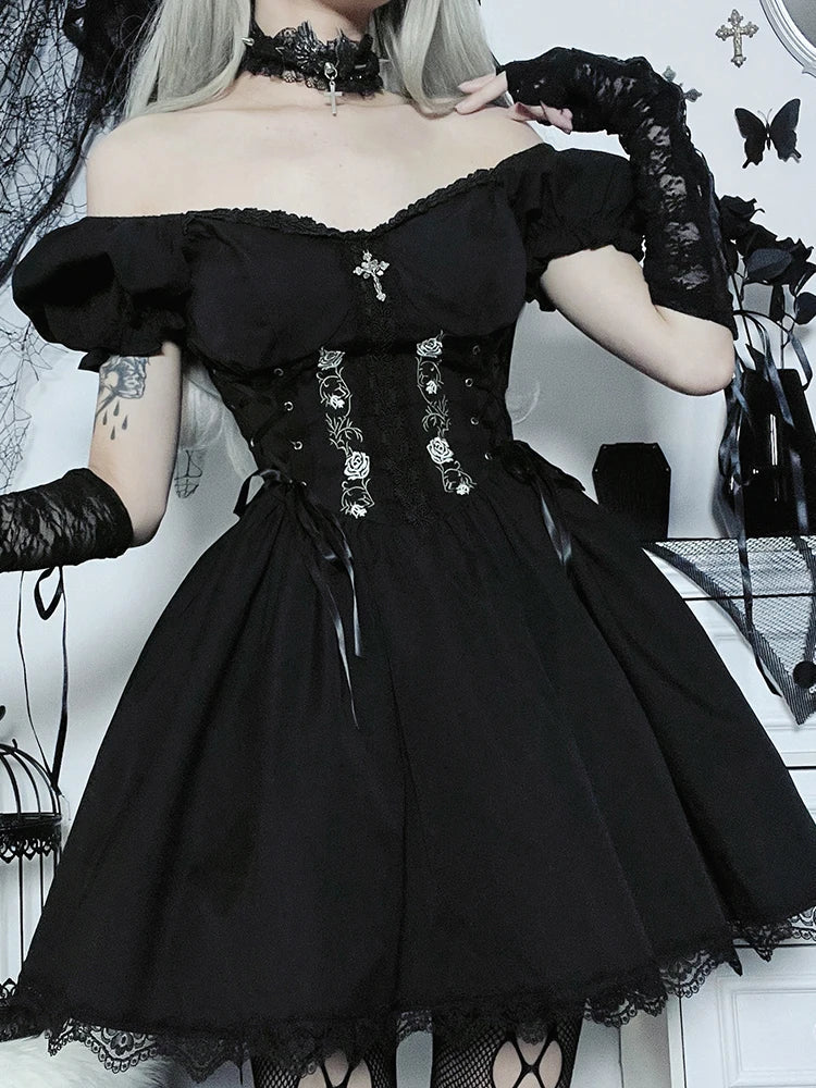 Gothic Lolita Lace Up Corset Embroidery Puff Sleeve Lace Hem Mini Dress 6