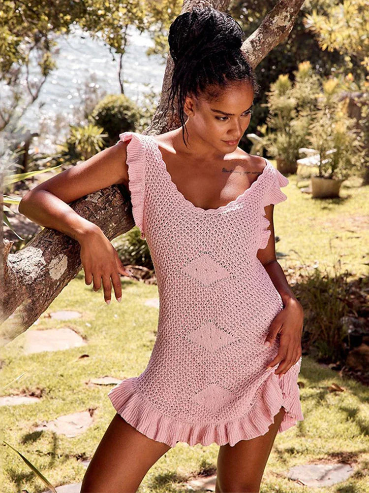 Ruffled Crochet Hollow Out Knit Beach Mini Dress