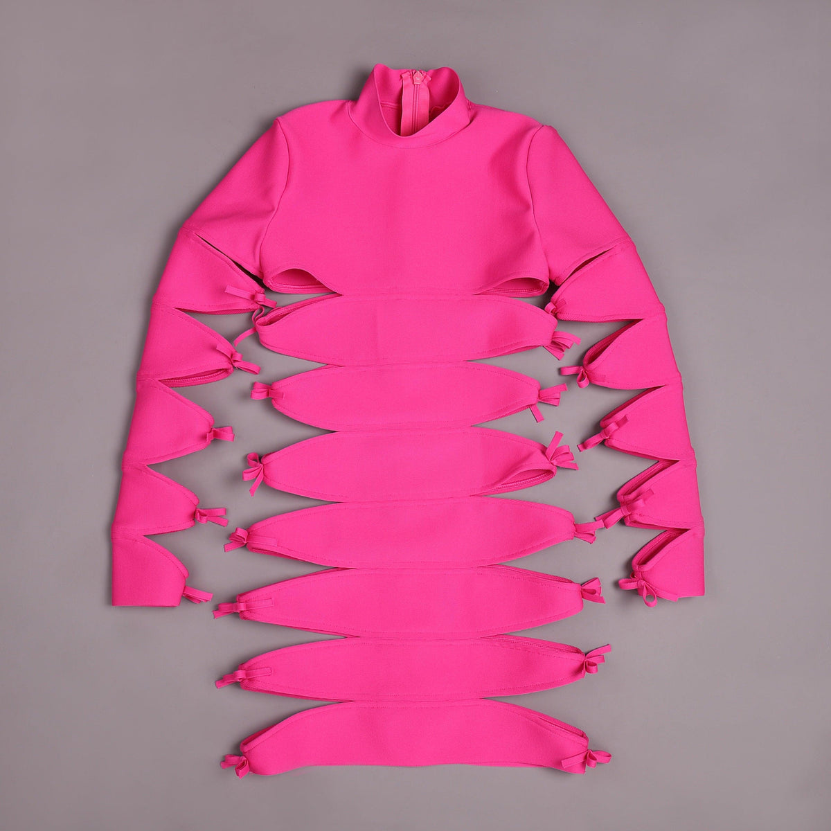 Pink High Neck Long Sleeve Bow Cutout Bodycon Mini Dress