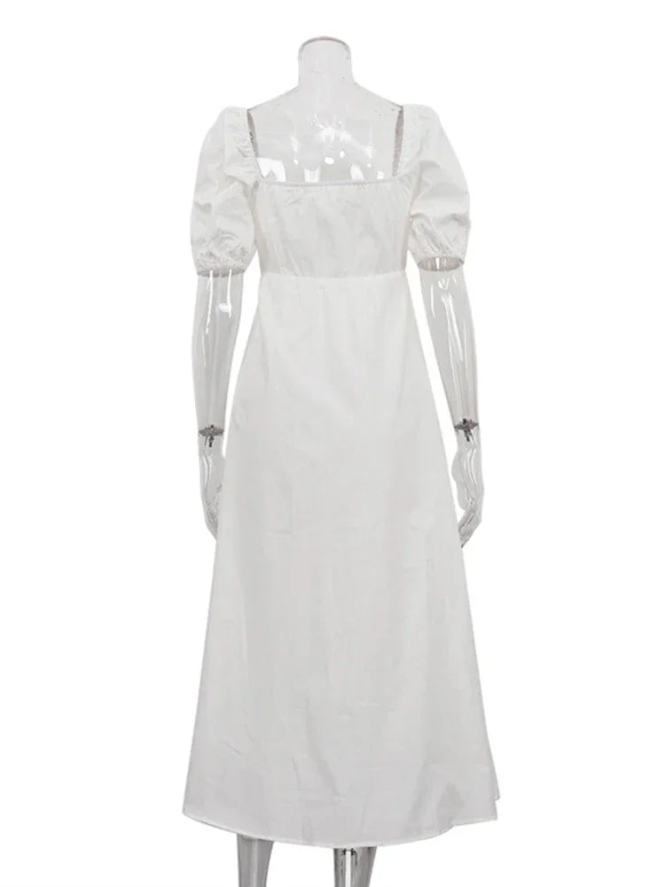 White Square Collar Puff Sleeve Long Dress For Women Slim A Line Twist Hollow Out Cotton Elegant Dresses Autumn Fashion
