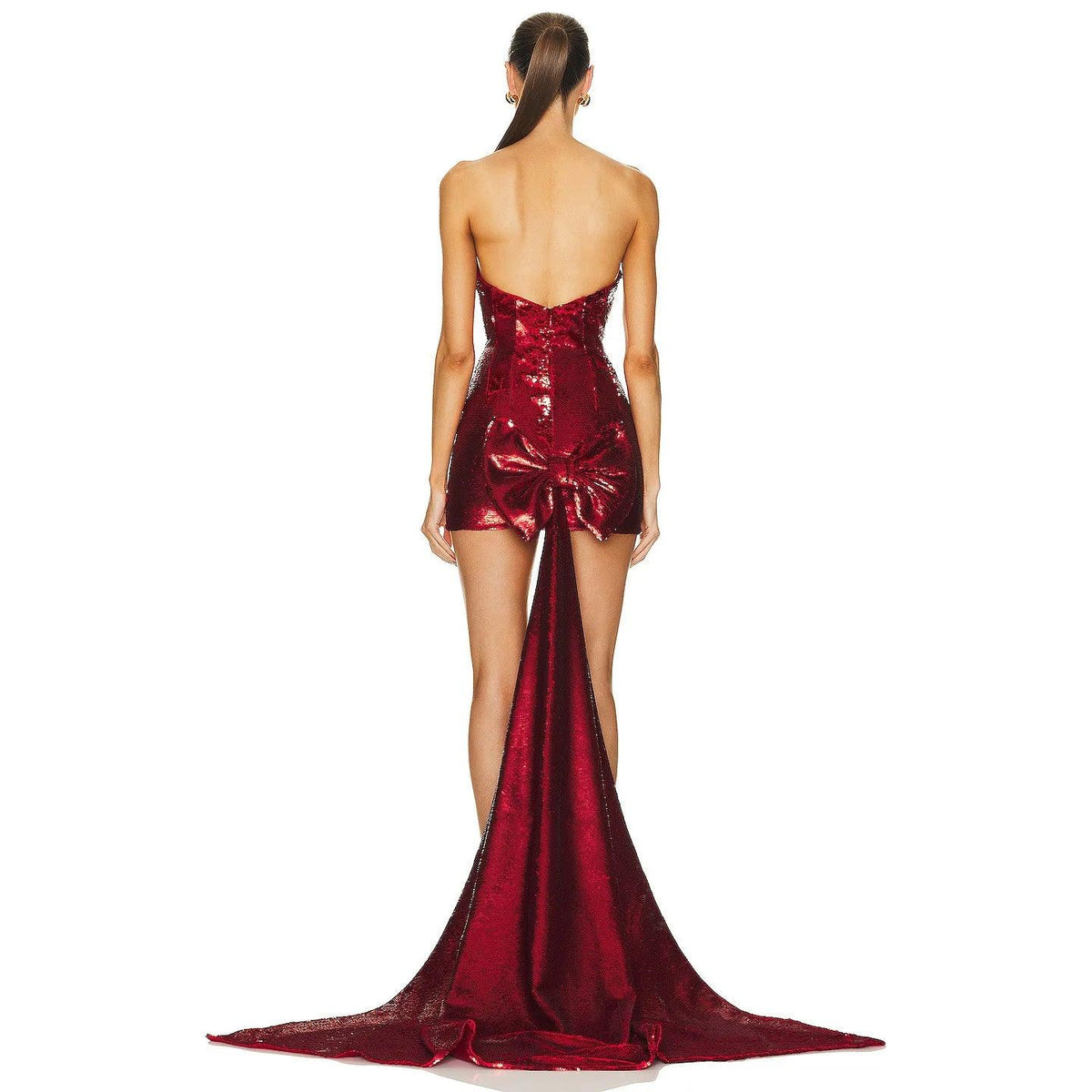 Red Strapless Backless Sequin Bow Train Bodycon Mini Dress 13