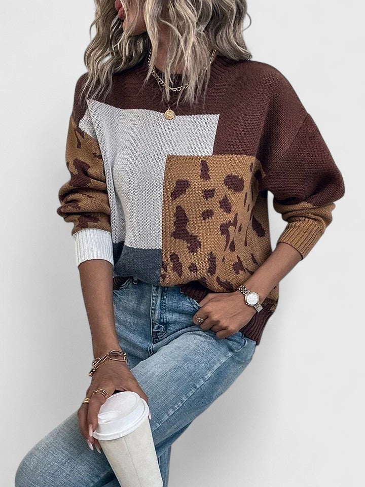 Round Neck Colorblock Leopard Panel Knit Sweater 5