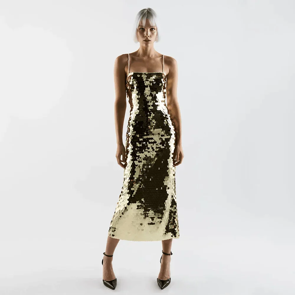Gold Spaghetti Strap Disc Sequin Bodycon Midi Dress 2