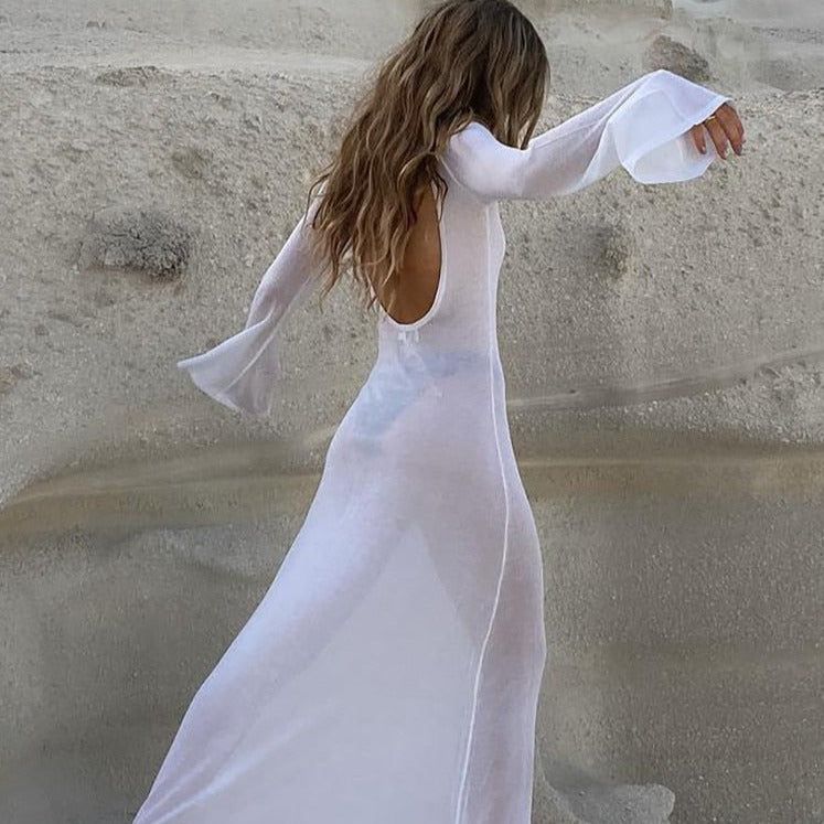 White Scoop Back Flare Sleeve Sheer Knit Beach Cover-Up Maxi Dress