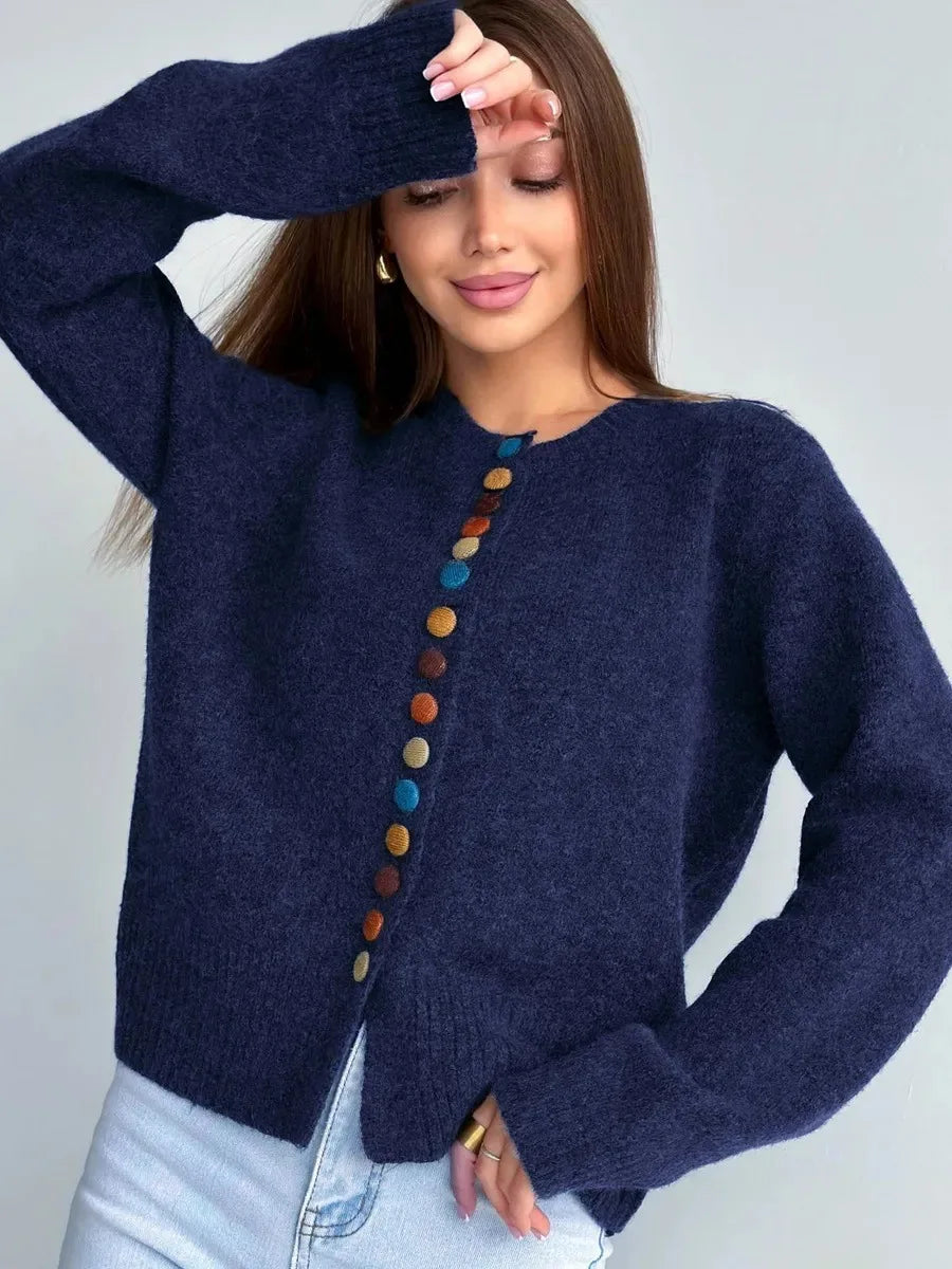 Round Neck Knit Button Front Long Sleeve Cardigan 4