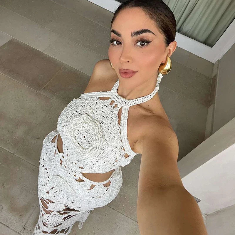 Hollow Hanging Neck Slim Floral Dress