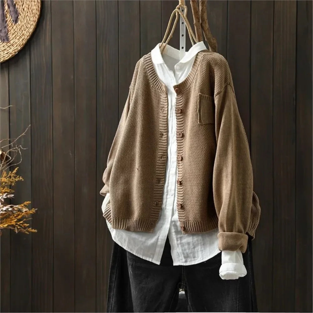 Round Neck Button Front Pocket Long Sleeve Knit Cardigan