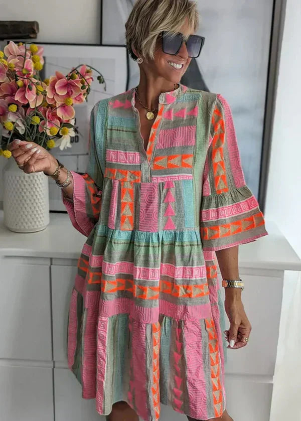Split Neck Geometric Print Flared Sleeve Tiered A-Line Mini Dress