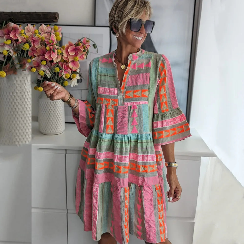 Notch Neck Aztec Geometric Print Bell Sleeve Tiered A-Line Mini Dress