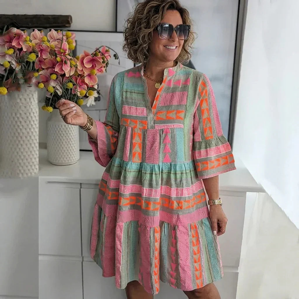 Split Neck Geometric Print Bell Sleeve Tiered Mini Dress
