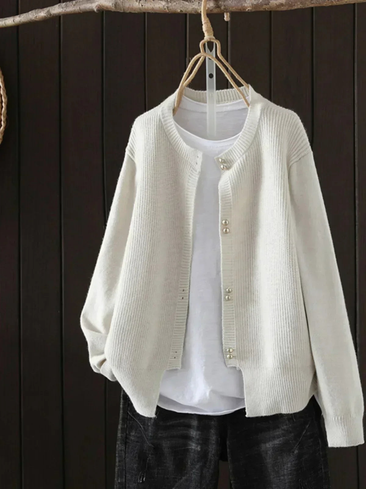 Round Neck Ribbed Knit Pearl Button Long Sleeve Cardigan