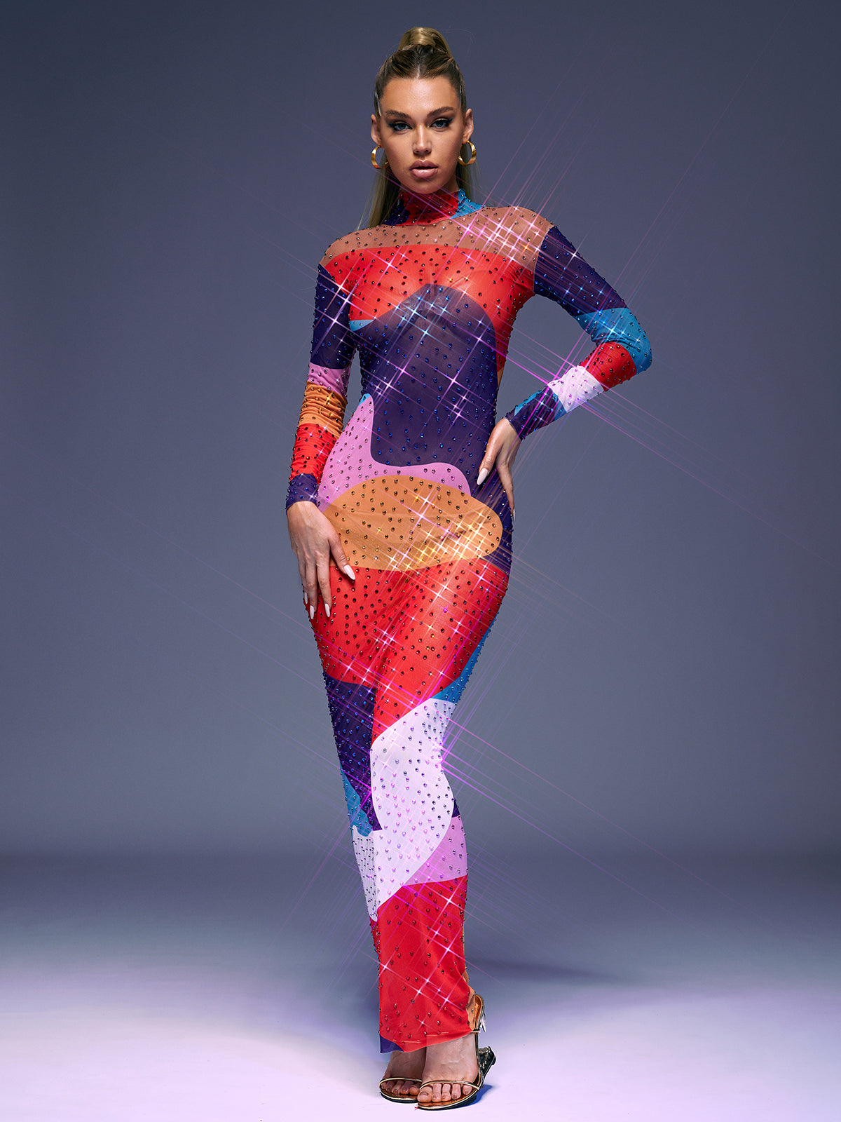 High Neck Long Sleeve Rhinestone Abstract Print Sheer Mesh Bodycon Maxi Dress