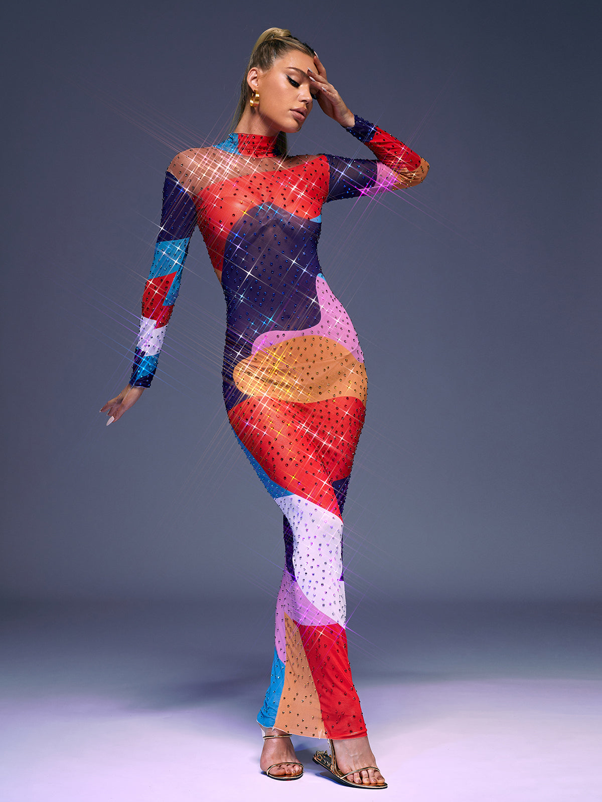 High Neck Long Sleeve Rhinestone Abstract Print Sheer Mesh Bodycon Maxi Dress