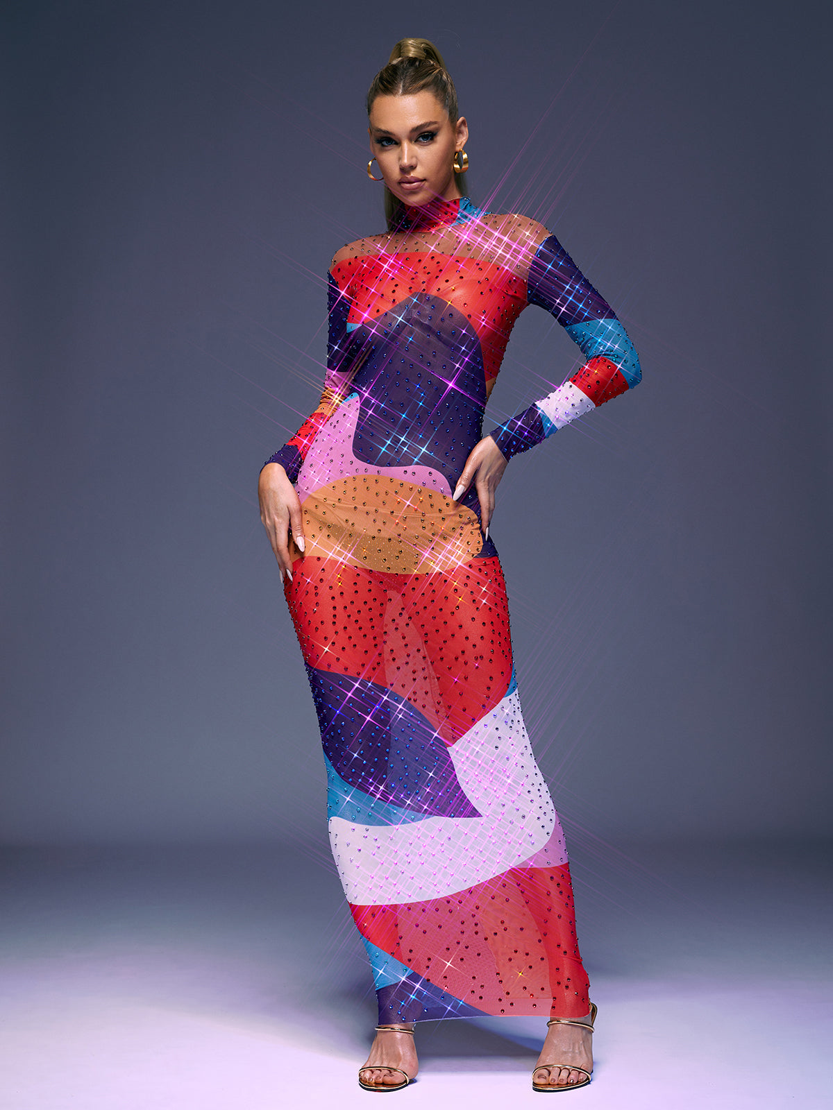 High Neck Long Sleeve Rhinestone Abstract Print Sheer Mesh Bodycon Maxi Dress