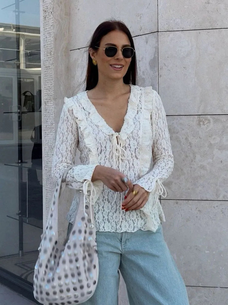 Women Spring Fashion Vneck Solid Lace Laminated Blouse