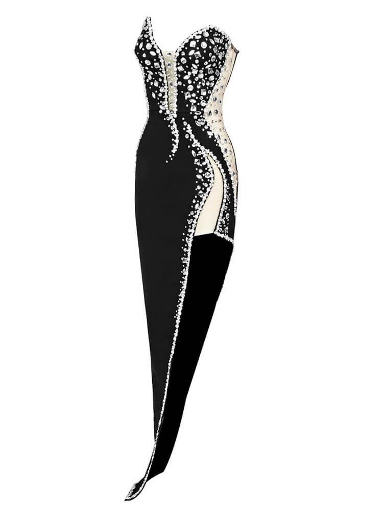 Strapless Sweetheart Crystal Beaded Illusion High Slit Bodycon Maxi Dress