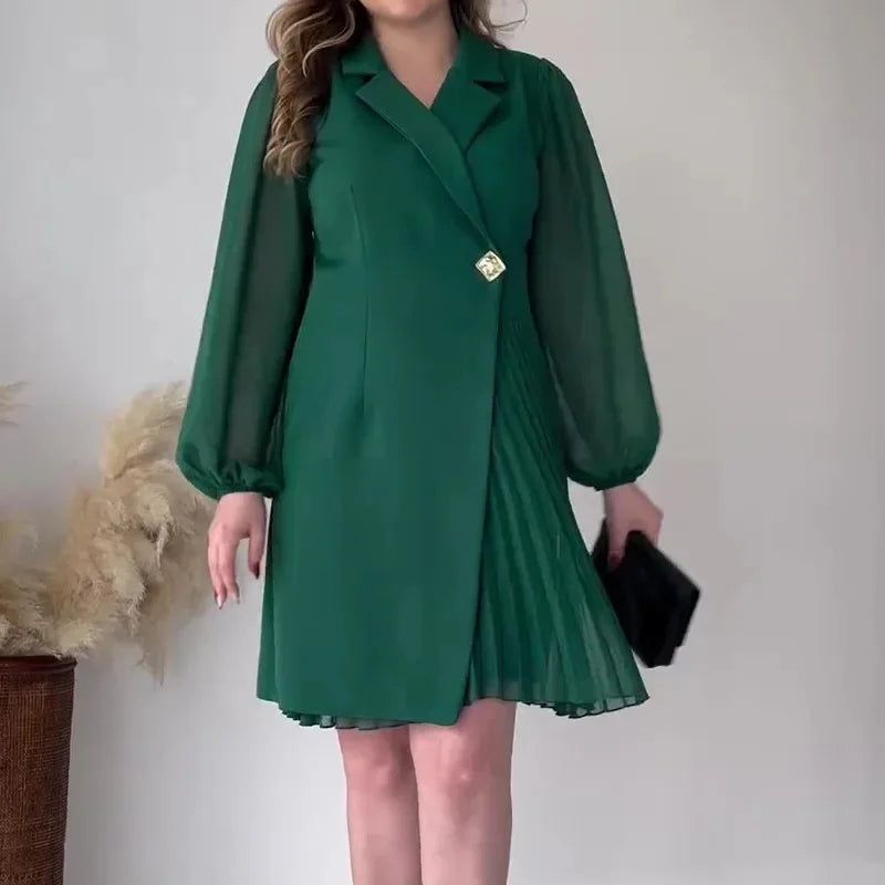 Lapel Collar Sheer Sleeve Pleated Blazer Mini Dress