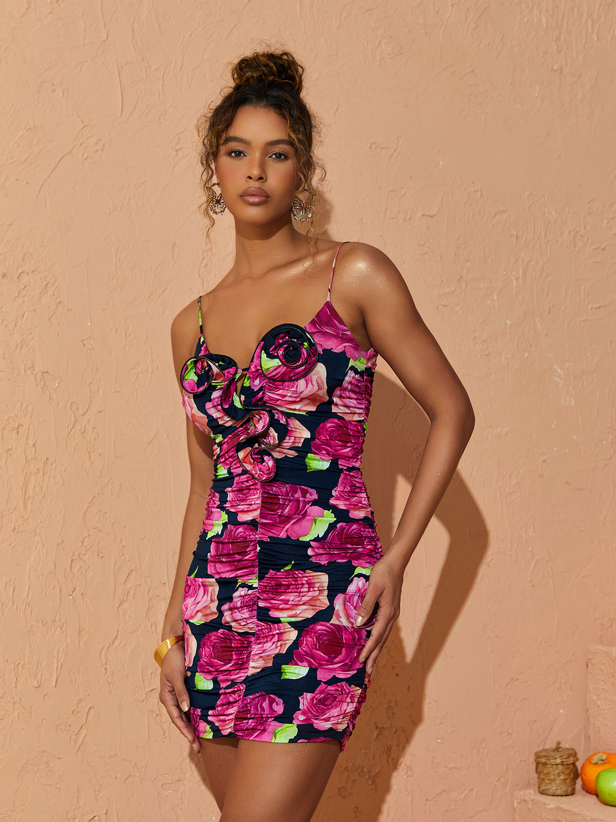 Spaghetti Strap Sweetheart Rosette Rose Print Ruched Bodycon Mini Dress 3