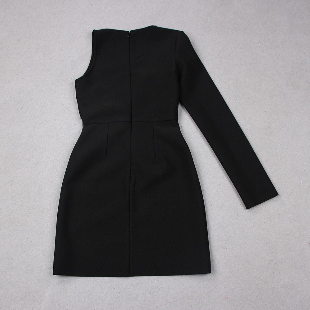 Black One Shoulder One Sleeve Rhinestone Cutout Asymmetric Bodycon Mini Dress