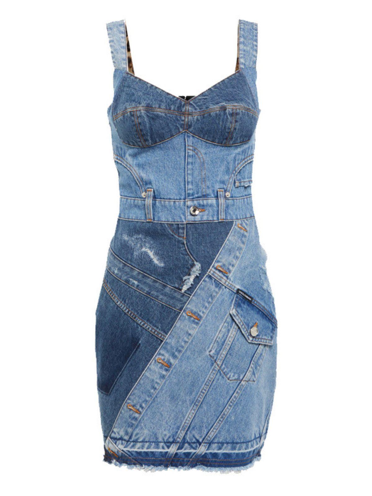 Sweetheart Neck Patchwork Denim Corset Frayed Hem Bodycon Mini Dress