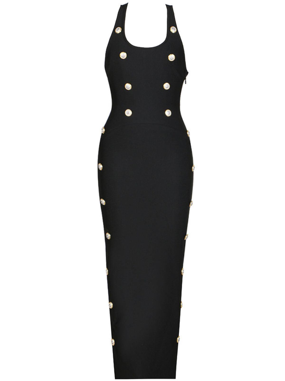 Scoop Neck Gold Button Embellished Bandage Bodycon Maxi Dress 6
