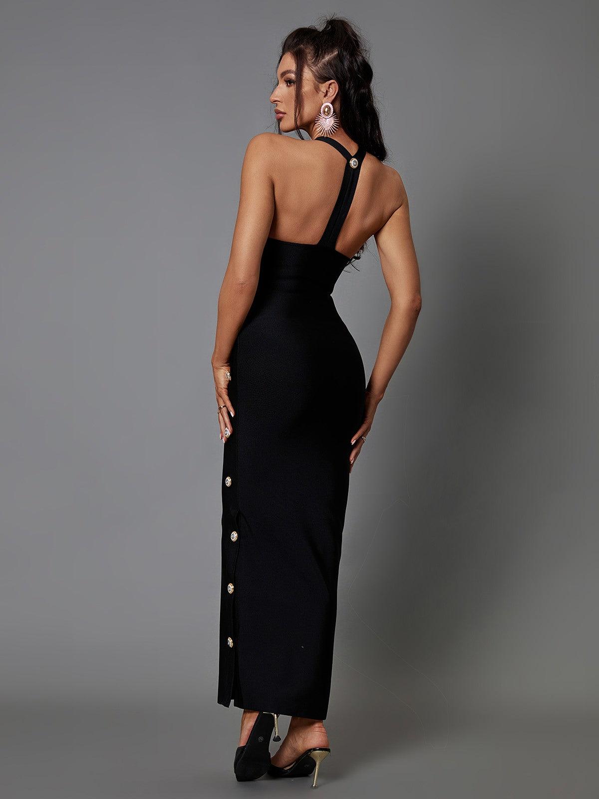 Scoop Neck Gold Button Embellished Bandage Bodycon Maxi Dress 5