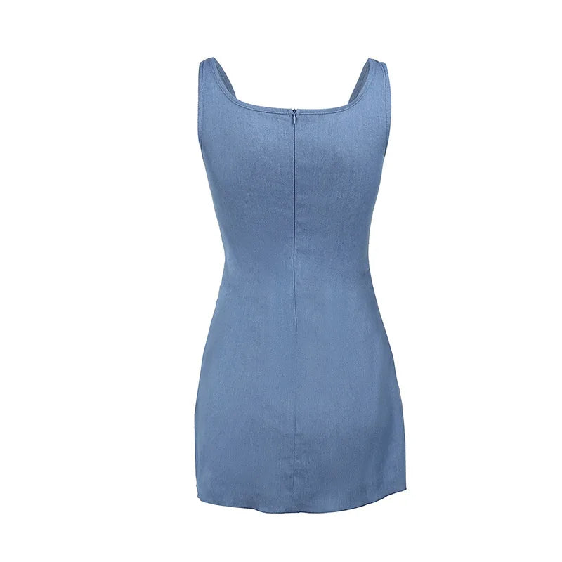 Blue Square Neck Corset Bodice Rosette Ruched Bodycon Mini Dress 5