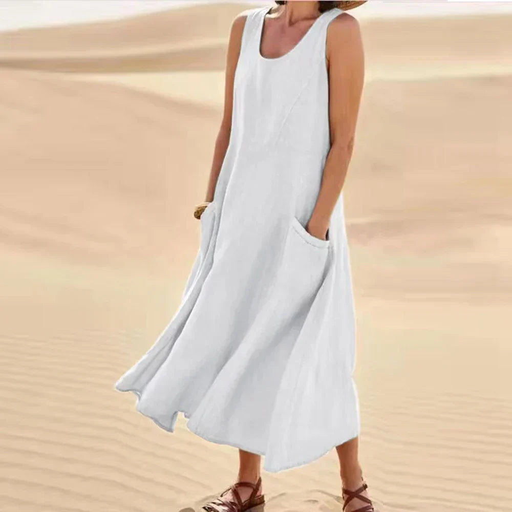 Brianna Boutique Women's Long Summer Dress in Cotton Linen with Pockets Premium Wardrobe Essential