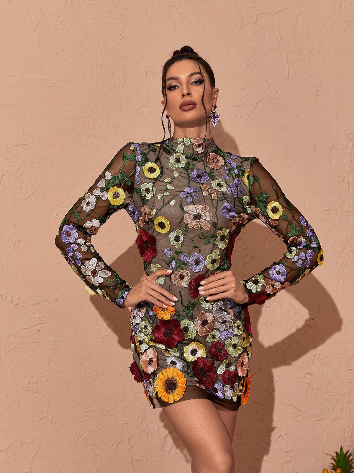 High Neck Long Sleeve 3D Floral Applique Mesh Mini Dress