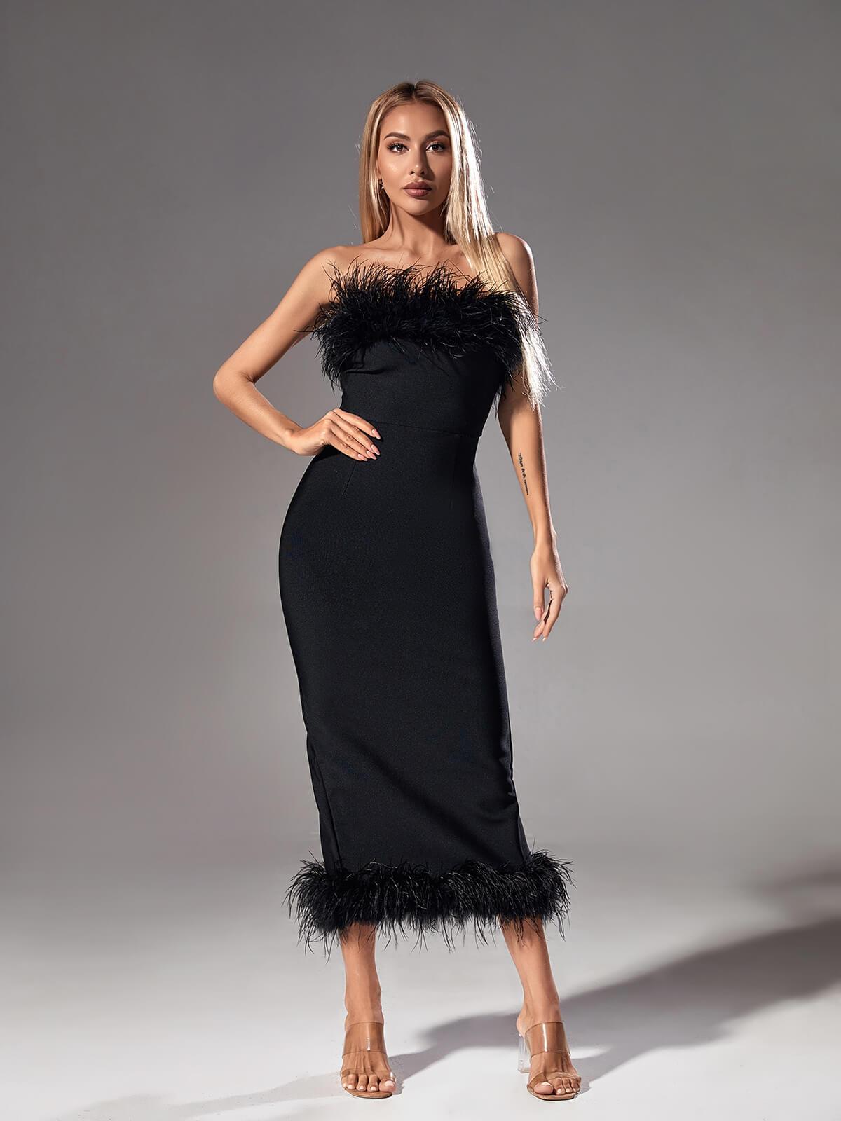 Strapless Feather Trim Bandage Bodycon Midi Dress