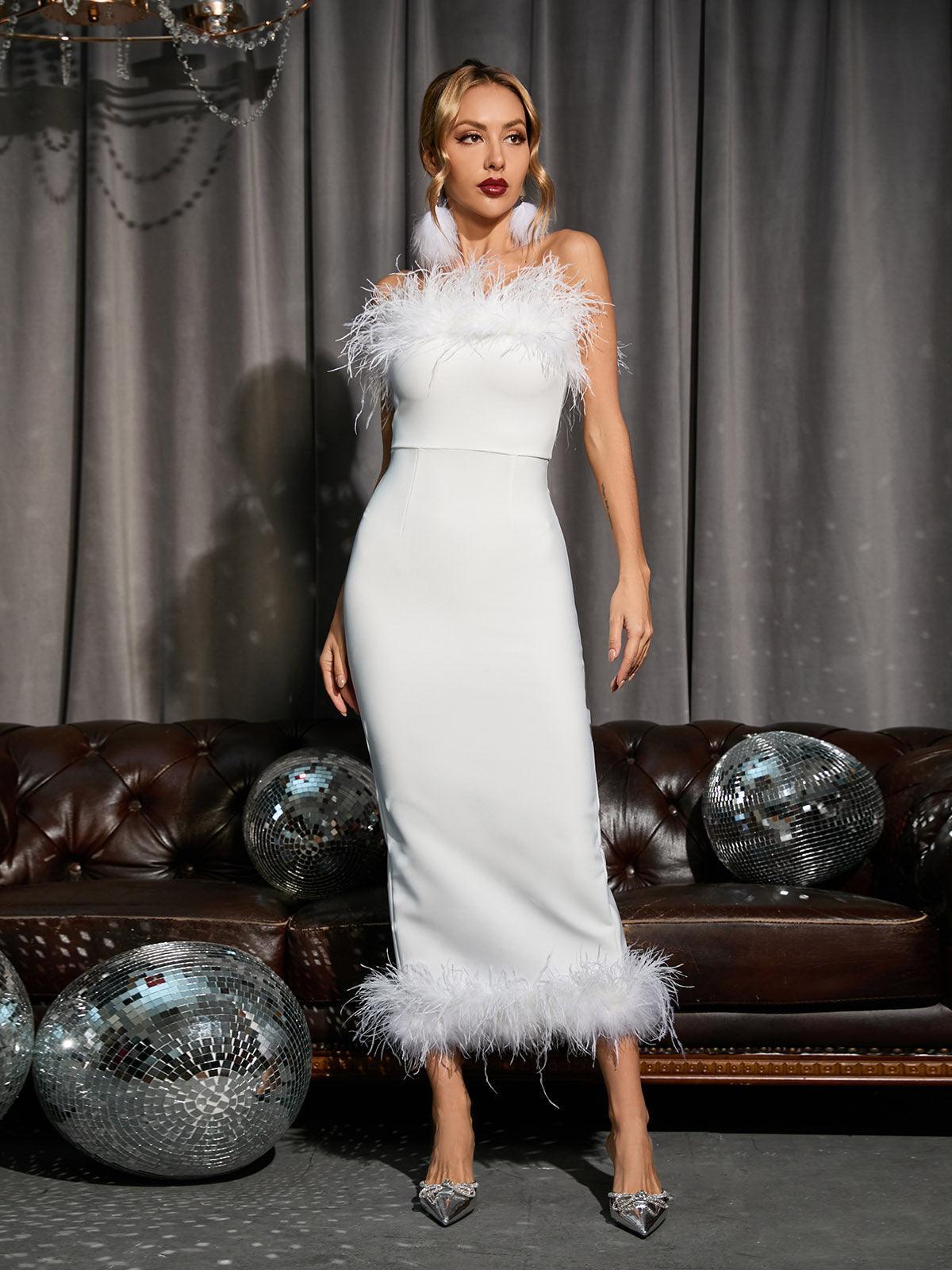 Strapless Feather Trim Bandage High Slit Bodycon Midi Dress