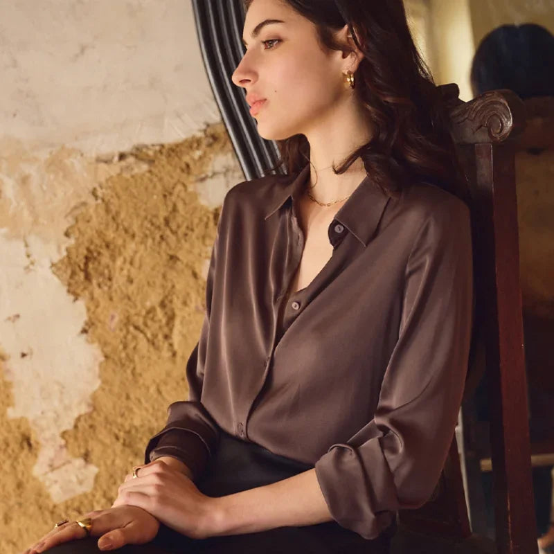 Satin Solid Long Sleeve Polo Neck Blouse