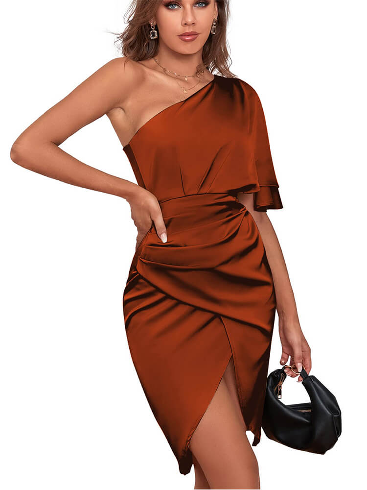 Satin Ruffle One Shoulder Ruched Split Wrap Front Cocktail Bodycon Midi Dress