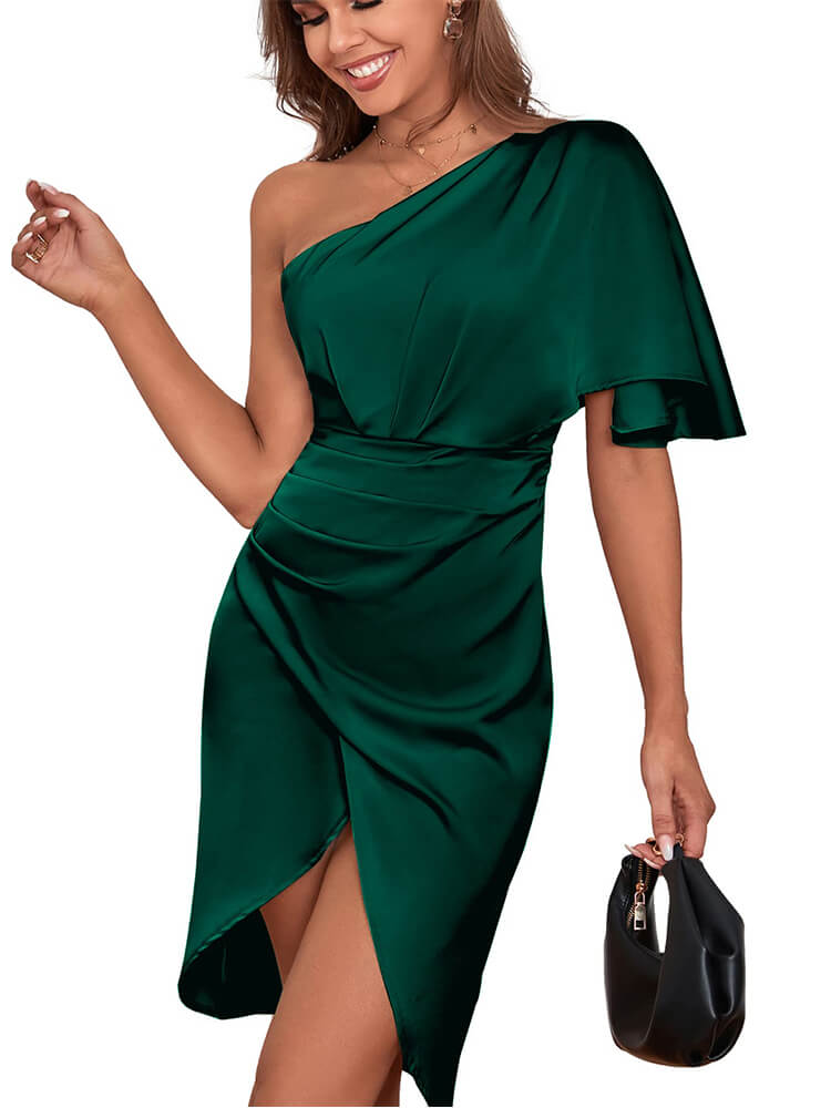 Satin Ruffle One Shoulder Ruched Split Wrap Front Cocktail Bodycon Midi Dress