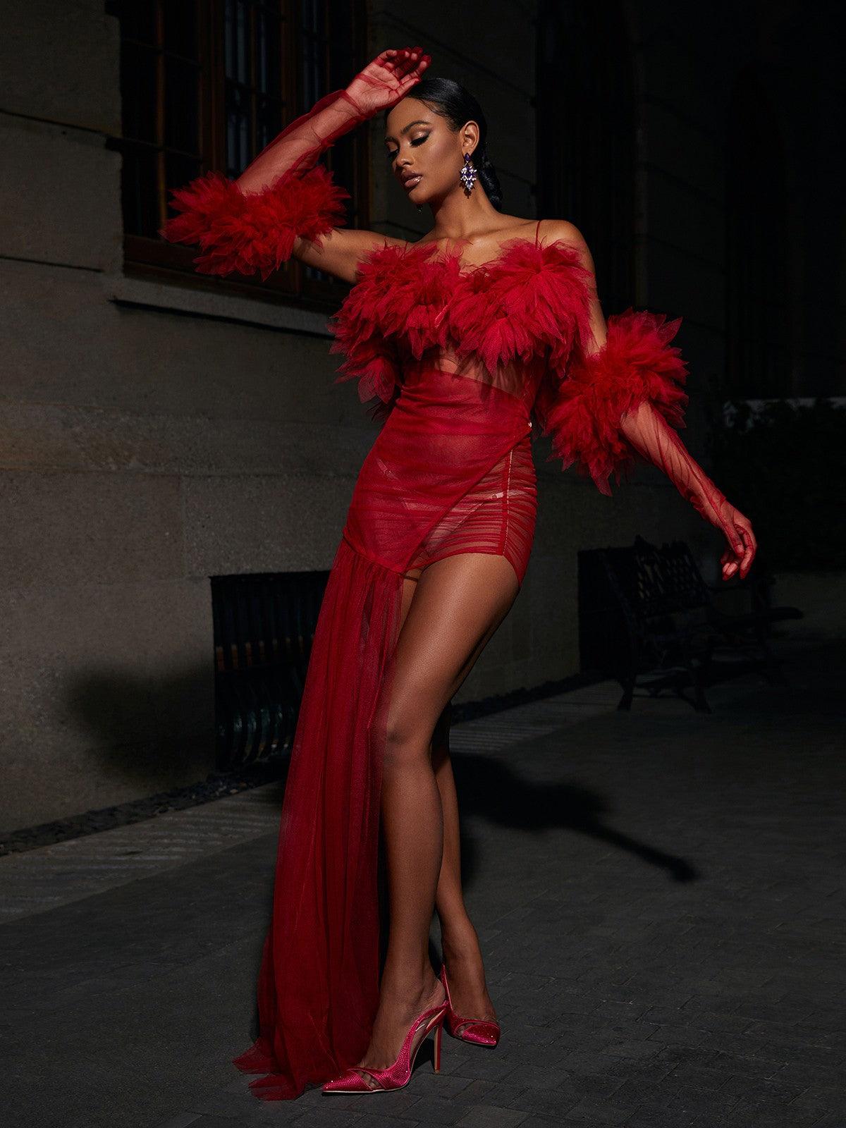Off-Shoulder Ruffle Tulle Sheer High Slit Maxi Gown